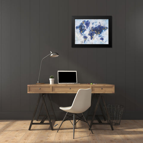 Indigo World Map Black Modern Wood Framed Art Print by Nai, Danhui