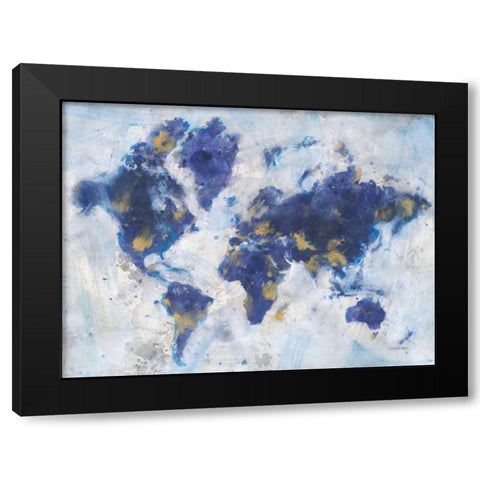 Indigo World Map Black Modern Wood Framed Art Print by Nai, Danhui