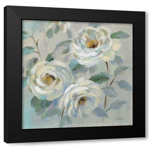 Blue Gray Floral Black Modern Wood Framed Art Print by Vassileva, Silvia