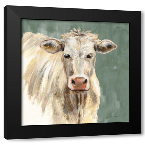 White Cow on Sage Black Modern Wood Framed Art Print by Vassileva, Silvia