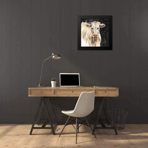 White Cow on Black Black Modern Wood Framed Art Print by Vassileva, Silvia