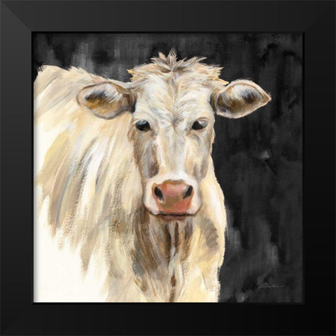White Cow on Black Black Modern Wood Framed Art Print by Vassileva, Silvia