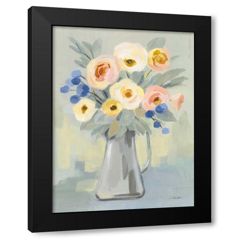 Pale Flowers on Sage Black Modern Wood Framed Art Print with Double Matting by Vassileva, Silvia