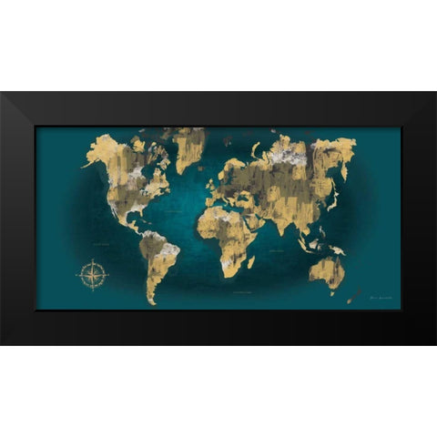 Sketched World Map Blue Crop Black Modern Wood Framed Art Print by Escalante, Omar