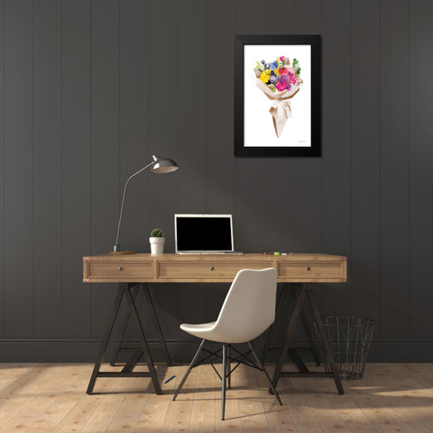 Happy Flowers Black Modern Wood Framed Art Print by Charro, Mercedes Lopez