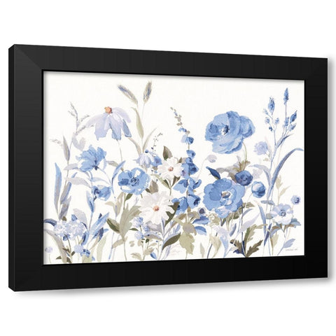 Blue Boho Wildflowers Black Modern Wood Framed Art Print by Nai, Danhui