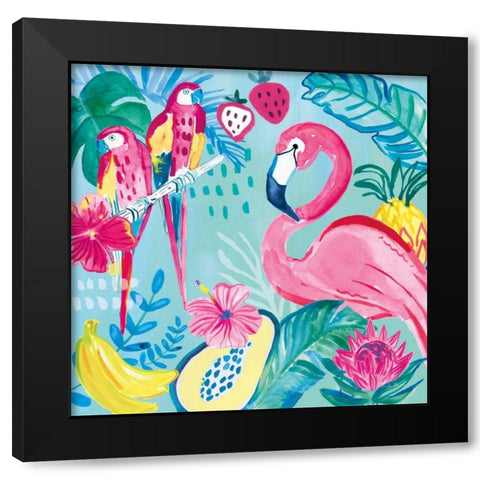 Fruity Flamingos V Black Modern Wood Framed Art Print by Zaman, Farida