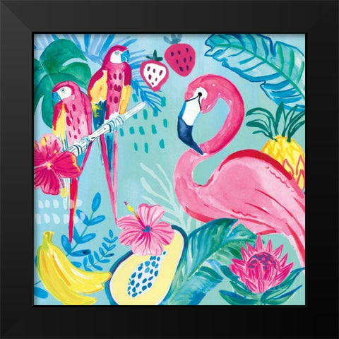 Fruity Flamingos V Black Modern Wood Framed Art Print by Zaman, Farida