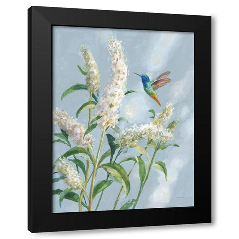 Hummingbird Spring II Soft Blue Black Modern Wood Framed Art Print with Double Matting by Nai, Danhui