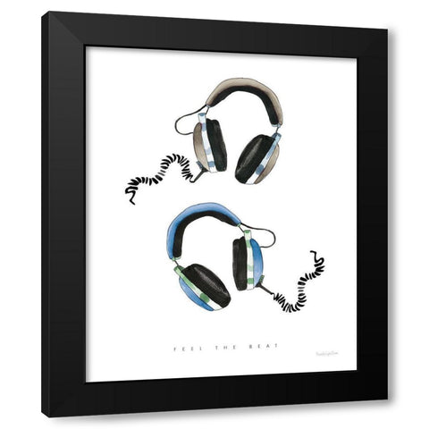 Headphones Love Blue Gray Black Modern Wood Framed Art Print by Charro, Mercedes Lopez