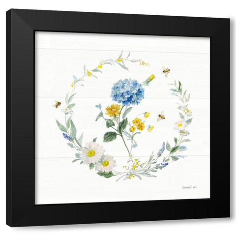 Bees and Blooms Flowers III with Wreath Black Modern Wood Framed Art Print by Nai, Danhui