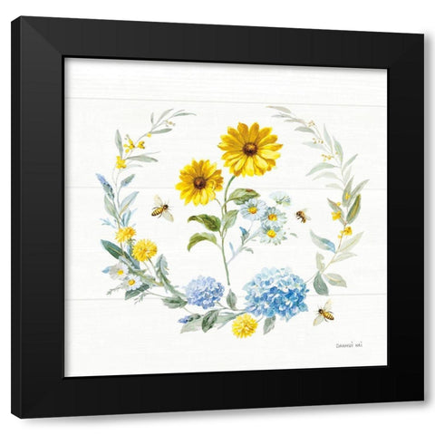 Bees and Blooms Flowers IV with Wreath Black Modern Wood Framed Art Print with Double Matting by Nai, Danhui