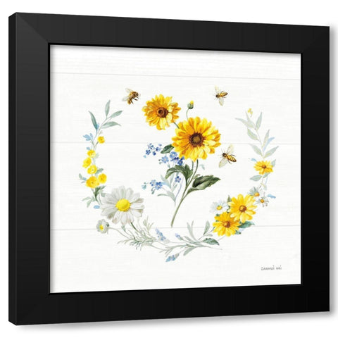 Bees and Blooms Flowers V with Wreath Black Modern Wood Framed Art Print by Nai, Danhui