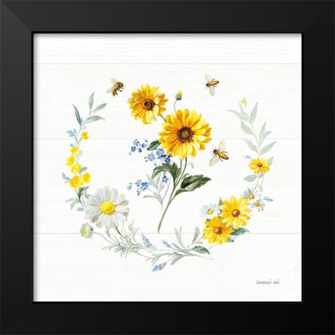 Bees and Blooms Flowers V with Wreath Black Modern Wood Framed Art Print by Nai, Danhui