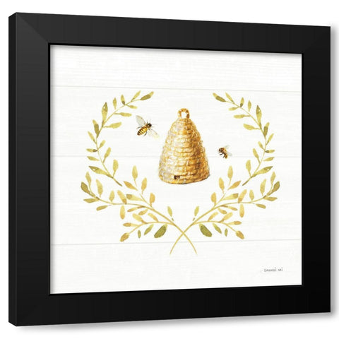 Bees and Blooms Skep Laurel Black Modern Wood Framed Art Print by Nai, Danhui