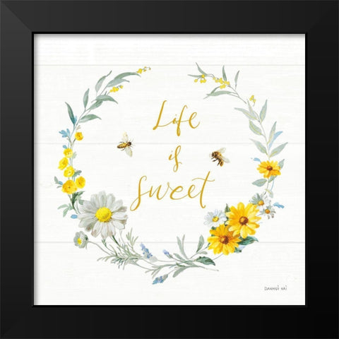 Bees and Blooms_Life is Sweet Wreath Black Modern Wood Framed Art Print by Nai, Danhui