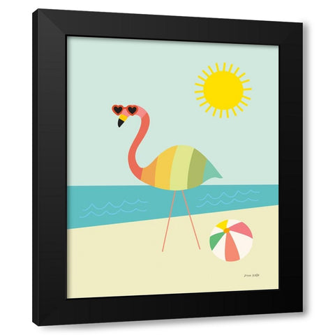Beach Flamingo Black Modern Wood Framed Art Print by Kelle, Ann