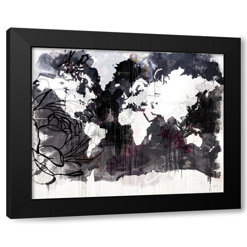 Floral Graffiti World Map Black Modern Wood Framed Art Print with Double Matting by Youngstrom, Kent
