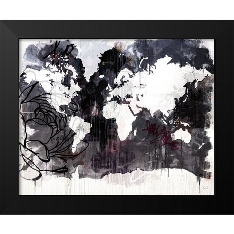 Floral Graffiti World Map Black Modern Wood Framed Art Print by Youngstrom, Kent