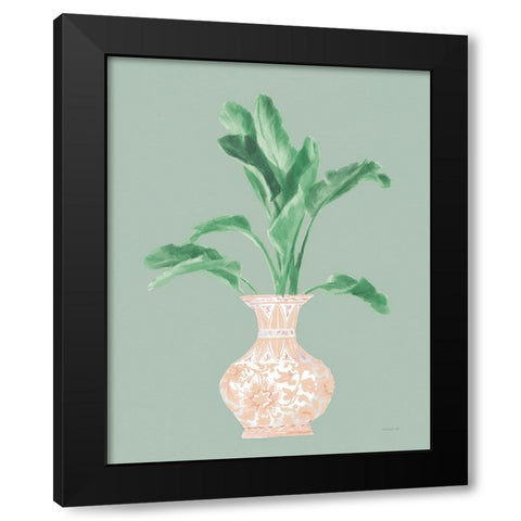 Palm Chinoiserie I Pink Green v2 Black Modern Wood Framed Art Print with Double Matting by Nai, Danhui