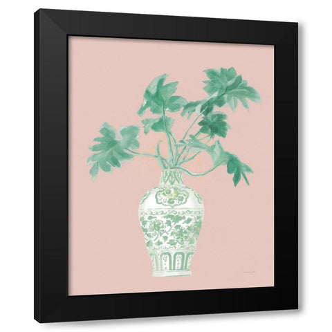 Palm Chinoiserie III Pink Green v2 Black Modern Wood Framed Art Print with Double Matting by Nai, Danhui