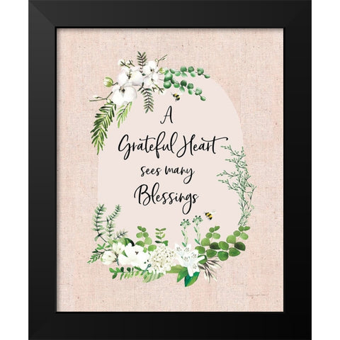 Gratitude Flowers I Linen Greenery Black Modern Wood Framed Art Print by Charro, Mercedes Lopez