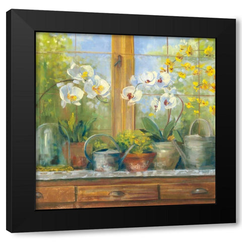 Gardeners Table Orchids Black Modern Wood Framed Art Print by Rowan, Carol