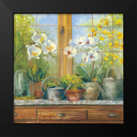 Gardeners Table Orchids Black Modern Wood Framed Art Print by Rowan, Carol