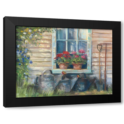 Window with Geraniums Black Modern Wood Framed Art Print by Rowan, Carol