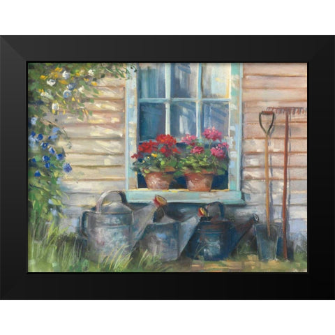 Window with Geraniums Black Modern Wood Framed Art Print by Rowan, Carol