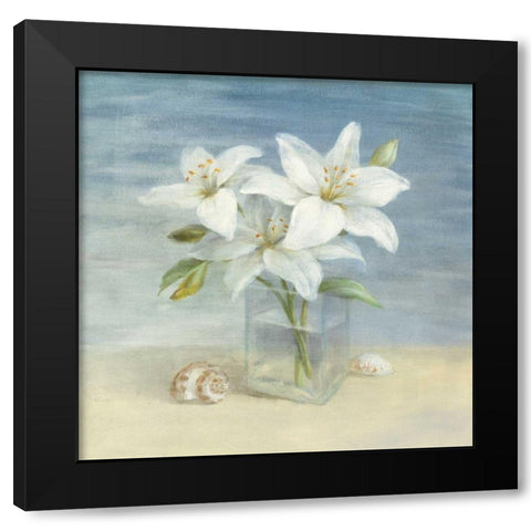 Lilies and Shells - Wag Black Modern Wood Framed Art Print with Double Matting by Nai, Danhui