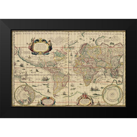 Explorers World 1630 Blau Black Modern Wood Framed Art Print by Jansz, Willem