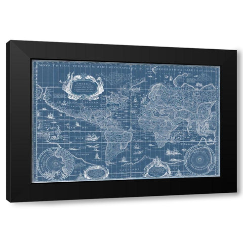 Blueprint World Map Black Modern Wood Framed Art Print with Double Matting by Blaeu, Willem