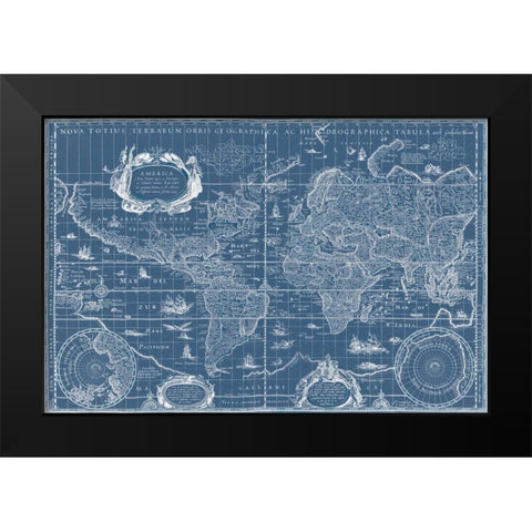 Blueprint World Map Black Modern Wood Framed Art Print by Blaeu, Willem