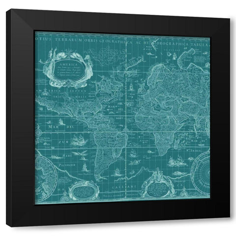 Blueprint Map(Teal)Â   Black Modern Wood Framed Art Print with Double Matting by Blaeu, Willem