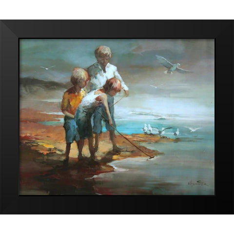 Boys on the beach Black Modern Wood Framed Art Print by Haenraets, Willem