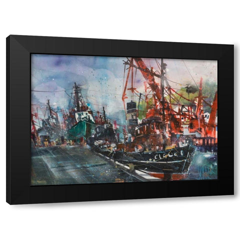 Hamburg Harbour Black Modern Wood Framed Art Print by Mattern, Andreas