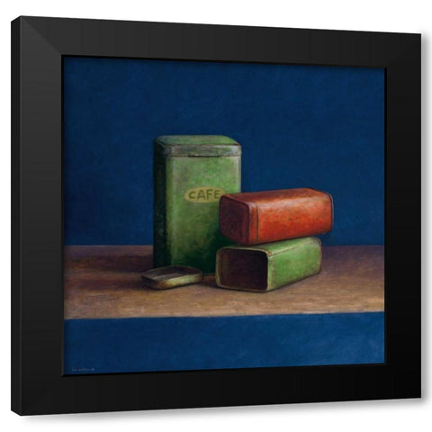 Tin boxes II Black Modern Wood Framed Art Print by van Riswick, Jos