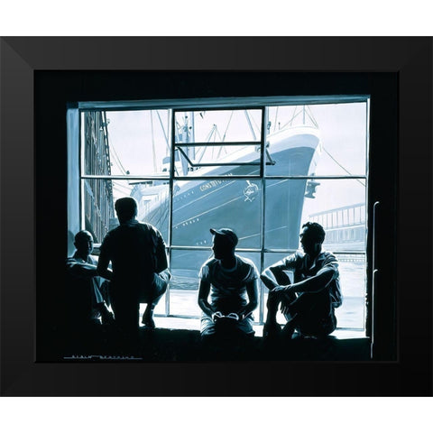 Les Dockers Black Modern Wood Framed Art Print by Bertrand, Alain