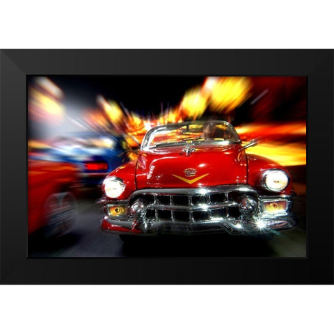 Cars in action - Cadillac rot Black Modern Wood Framed Art Print by Debionne, Jean-Loup