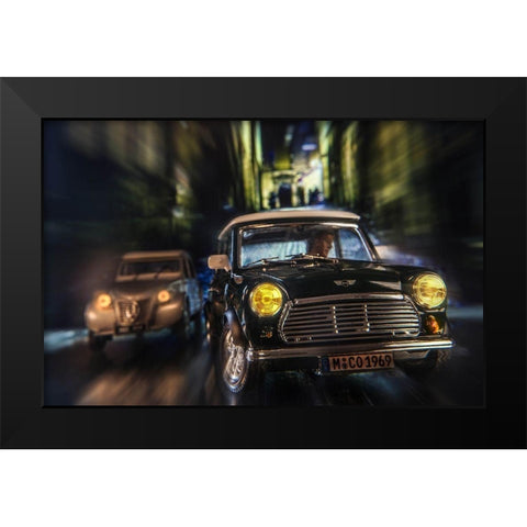 Cars in action - Austin Mini Black Modern Wood Framed Art Print by Debionne, Jean-Loup
