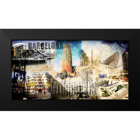 Barcelona Collage 01 Black Modern Wood Framed Art Print by Adamsky