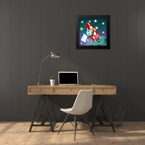 The Astronaut Penguin Black Modern Wood Framed Art Print by Alvez, A. - Perez, A.
