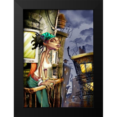 Girl on the Balcony -2 Black Modern Wood Framed Art Print by Alvez, A. - Perez, A.