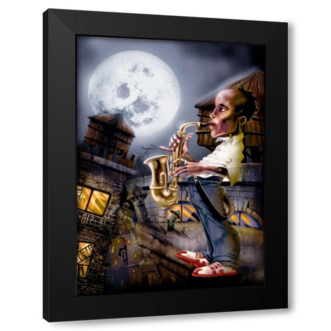 The Saxophonist -2 Black Modern Wood Framed Art Print by Alvez, A. - Perez, A.