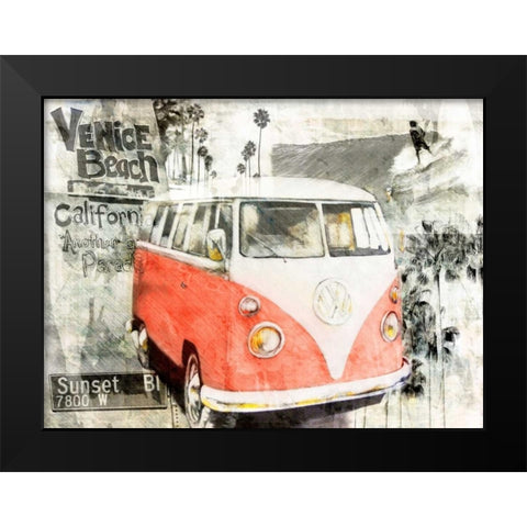 Beach Van - red Black Modern Wood Framed Art Print by Sola, Bresso