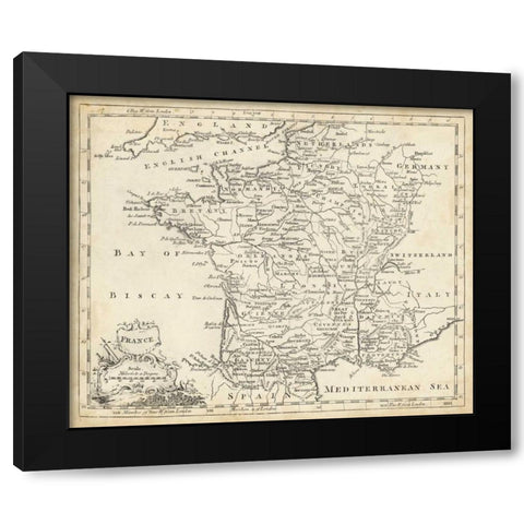 Map of France Black Modern Wood Framed Art Print by Jeffreys, T.