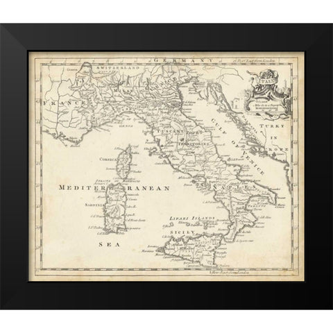 Map of Italy Black Modern Wood Framed Art Print by Jeffreys, T.