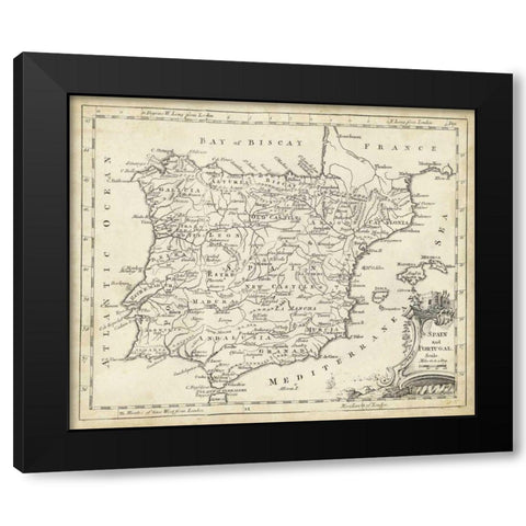 Map of Spain Black Modern Wood Framed Art Print by Jeffreys, T.