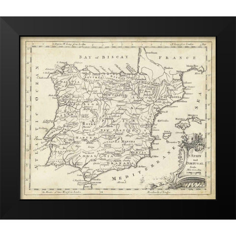 Map of Spain Black Modern Wood Framed Art Print by Jeffreys, T.